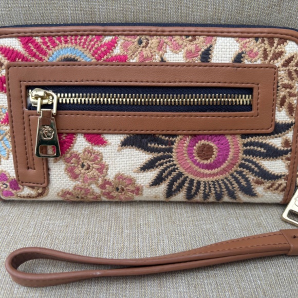 Spartina 449 Fall Floral Wallet/Wristlet Natural Linen Genuine Leather - Picture 3 of 4